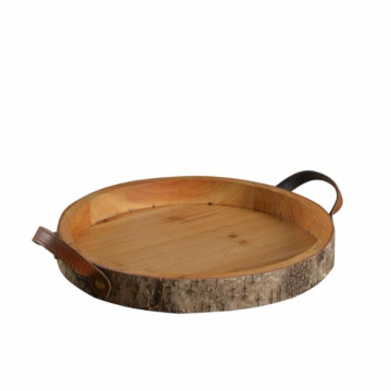 Mayco Antique Round Wooden Serving Tray with Handles for Kitchen Storage